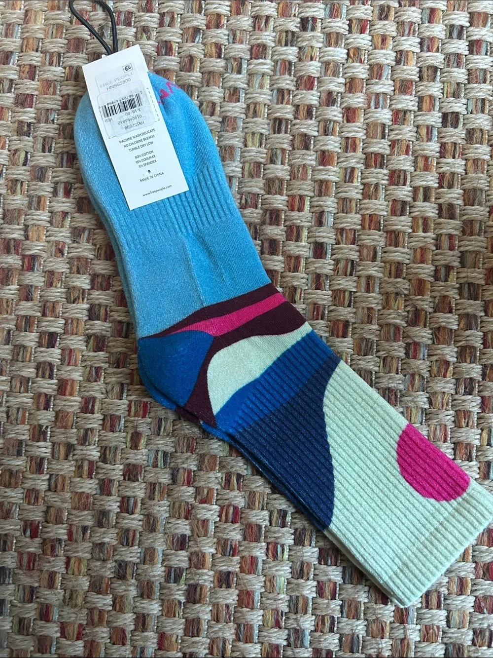 Free People Multicolor Wave Crew Socks in Blue, Pink, Cream & Burgundy